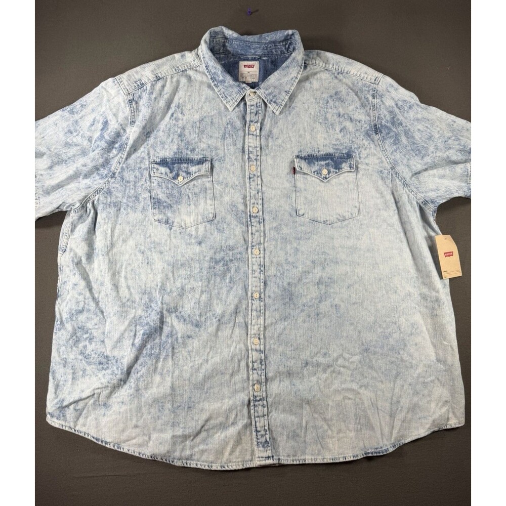 Levis Denim Shirt Men XXXXL 4XL Blue Western Chambray Acid Wash Short Sleeve New